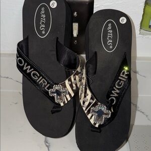 Cowgirl Embellished Black Flip Flops with Zebra Accent